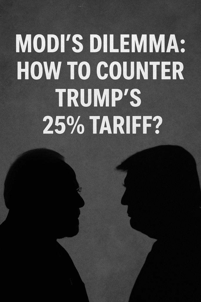“Silhouettes of Indian Prime Minister Narendra Modi and former U.S. President Donald Trump face each other with the headline text: ‘Modi’s Dilemma: How to Counter Trump’s 25% Tariff?’”