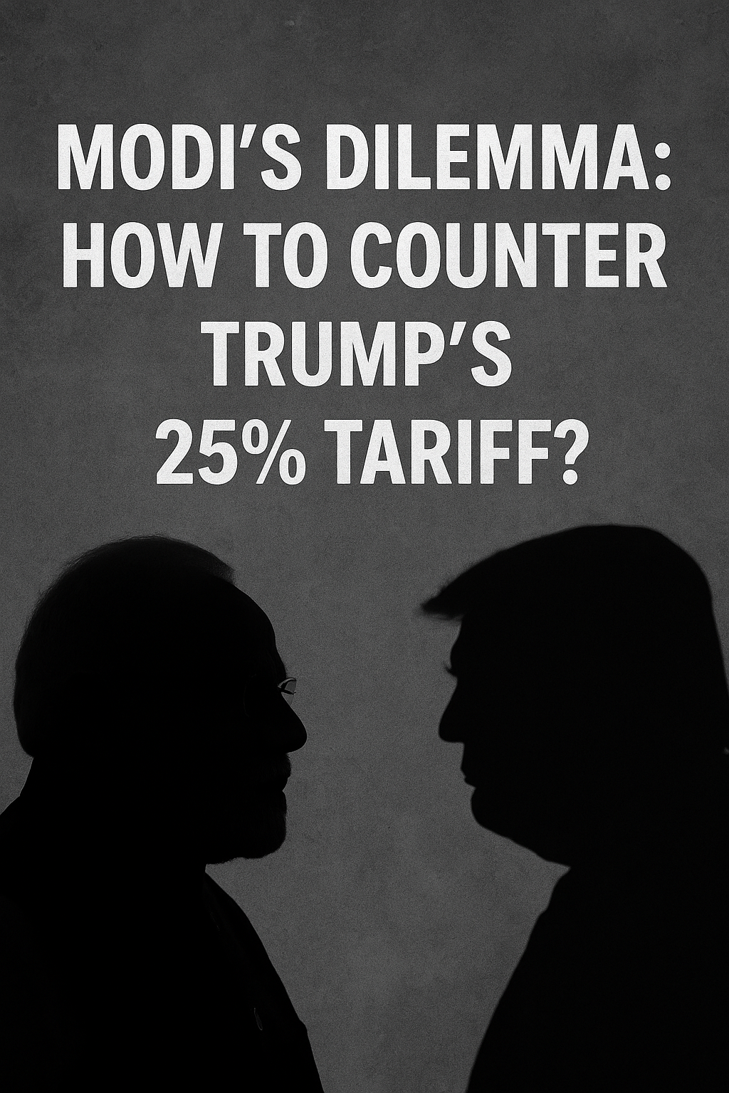 “Silhouettes of Indian Prime Minister Narendra Modi and former U.S. President Donald Trump face each other with the headline text: ‘Modi’s Dilemma: How to Counter Trump’s 25% Tariff?’”