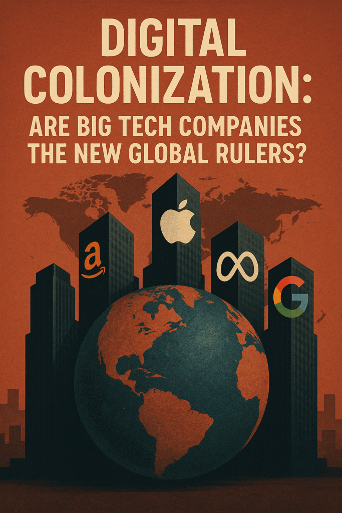 "Illustration showing Amazon, Apple, Meta, and Google towers over the Earth with text: 'Digital Colonization – Are Big Tech Companies the New Global Rulers?'"