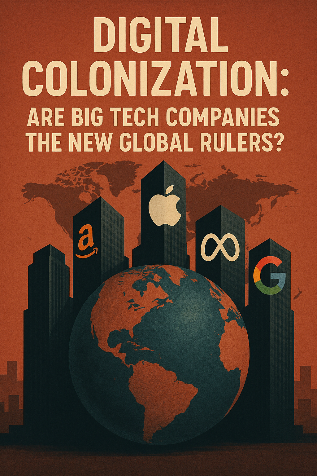 "Illustration showing Amazon, Apple, Meta, and Google towers over the Earth with text: 'Digital Colonization – Are Big Tech Companies the New Global Rulers?'"