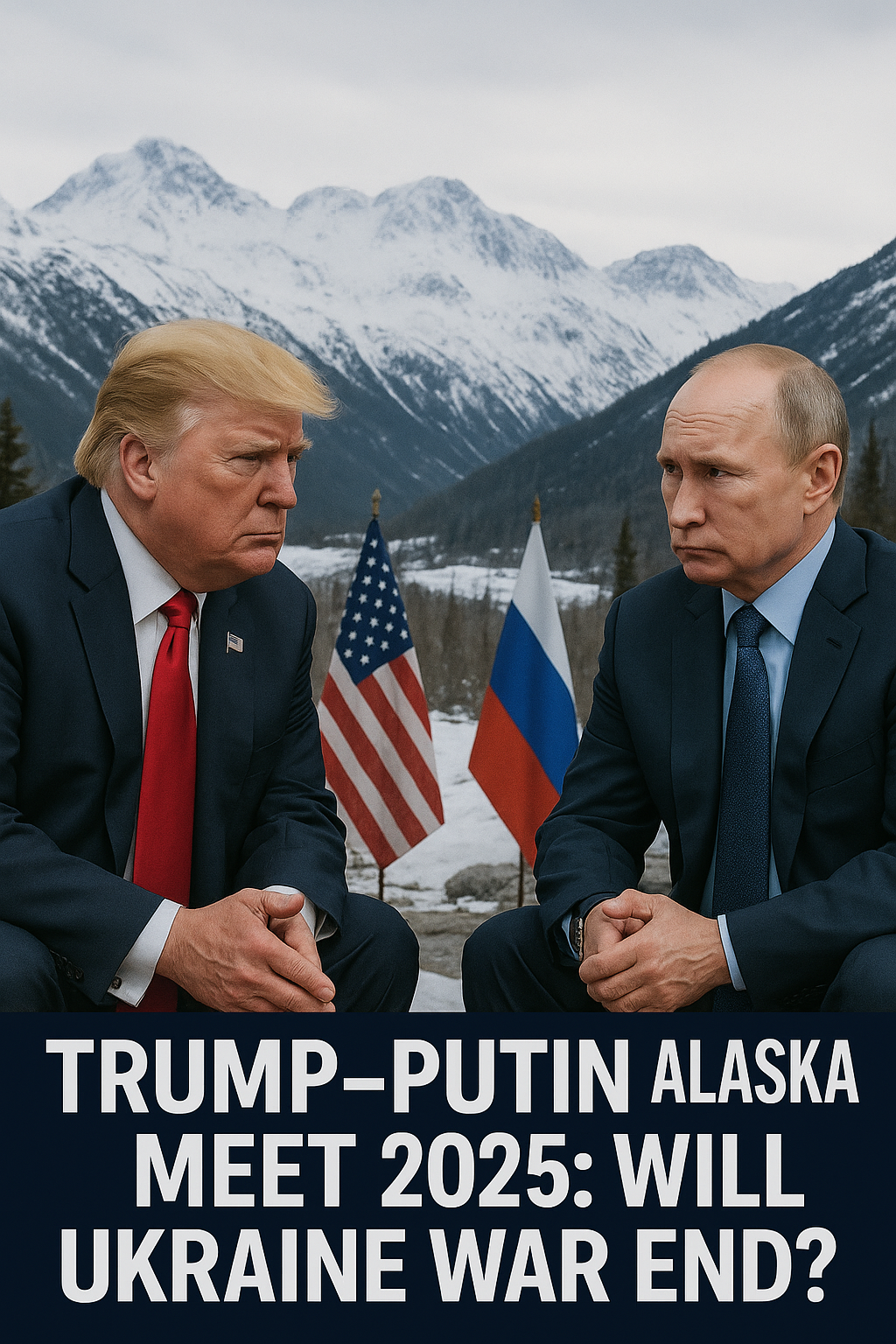 Donald Trump and Vladimir Putin seated face-to-face in Alaska with U.S. and Russian flags in the background, snowy mountains behind them.