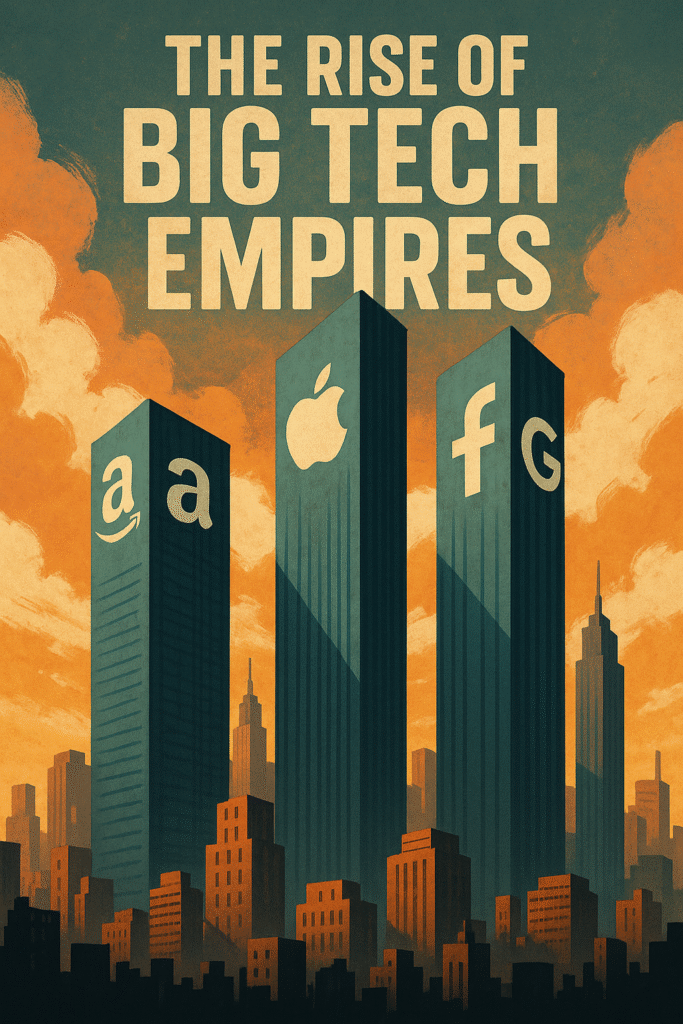 "Illustration of towering skyscrapers representing Amazon, Apple, Facebook, and Google dominating a city skyline — symbolizing the rise of Big Tech empires and their growing influence over digital life, data privacy, and user behavior."