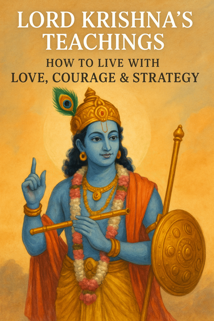 "Illustration of Lord Krishna holding a flute and shield, symbolizing love, courage, and strategy"
