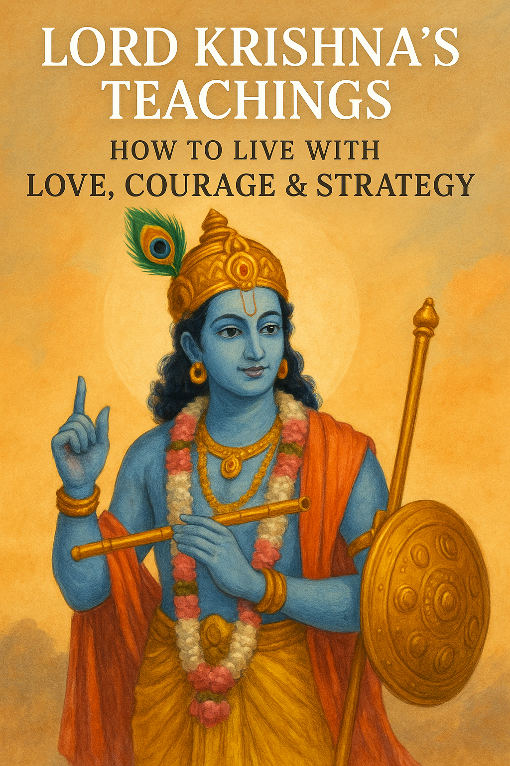 "Illustration of Lord Krishna holding a flute and shield, symbolizing love, courage, and strategy"