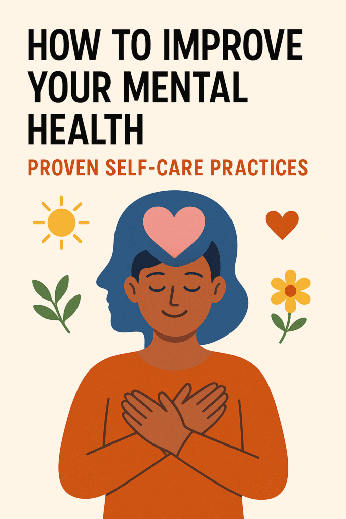 Illustration of a calm person practicing self-care with a heart symbol on the head, surrounded by nature icons, representing mental health improvement.