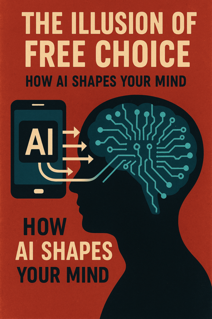 Illustration showing a human head silhouette with a digital brain, connected by arrows to a smartphone labeled "AI", symbolizing how artificial intelligence influences human thoughts and decision-making.