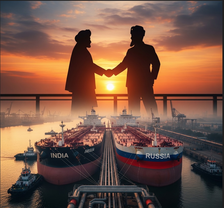 A symbolic image of the India-Russia trade relationship, showing two oil tankers, one for each country, docked at a port with two silhouetted figures shaking hands in the background.