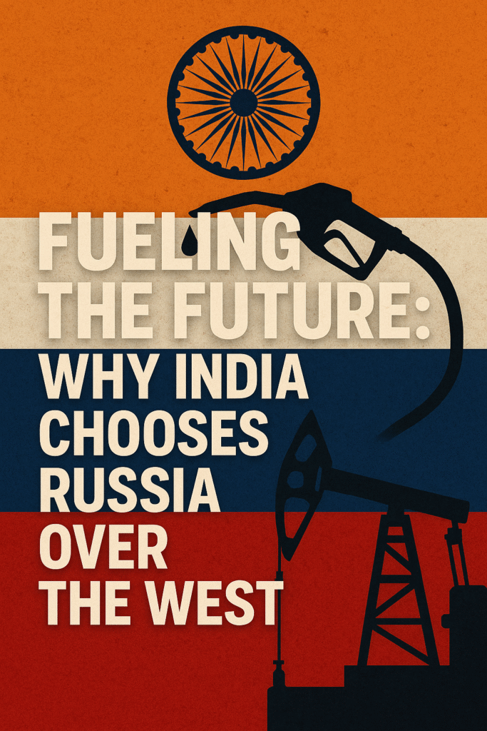 A graphic poster with the combined colors of the Indian and Russian flags, featuring the Ashoka Chakra, an oil pumpjack