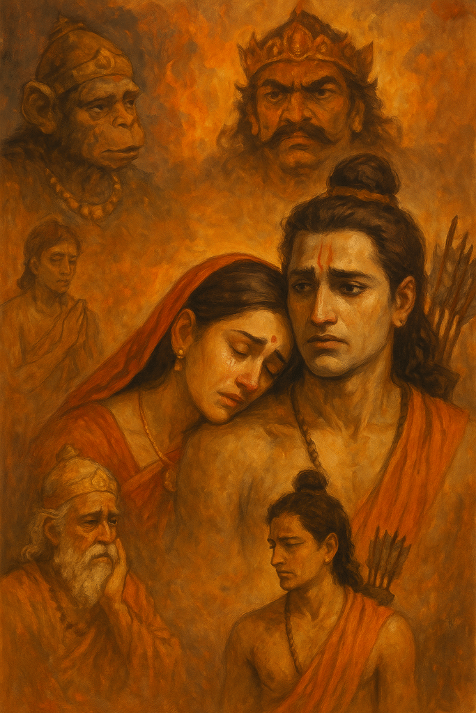 Emotional painting of Lord Ram and Sita during exile, surrounded by key Ramayana characters like Lakshman, Hanuman, Ravan, and King Dasharath, in warm earthy tones