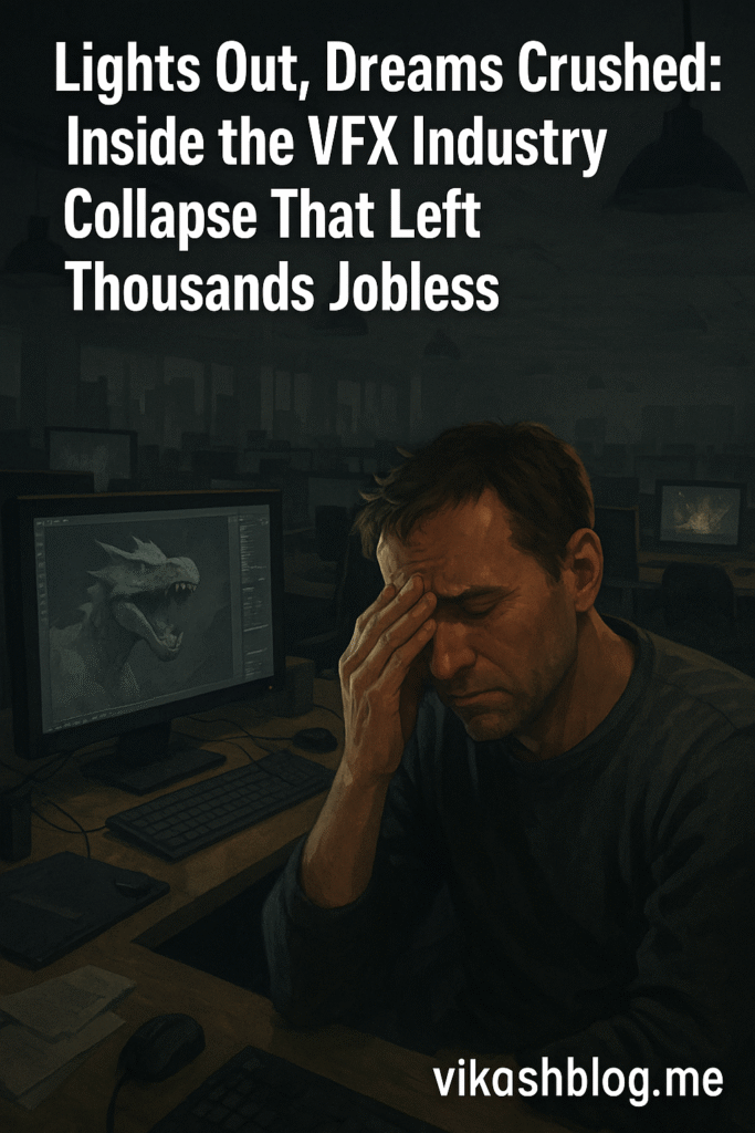 "A stressed VFX artist sitting in a dark studio with dragon animation on screen, reflecting the collapse of the VFX industry and massive job losses"